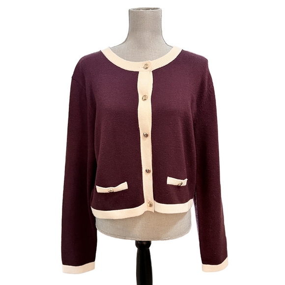 French Connection Sweaters - French Connection Vhari Contrast Preppy Cardigan Burgundy cream XL quiet luxury